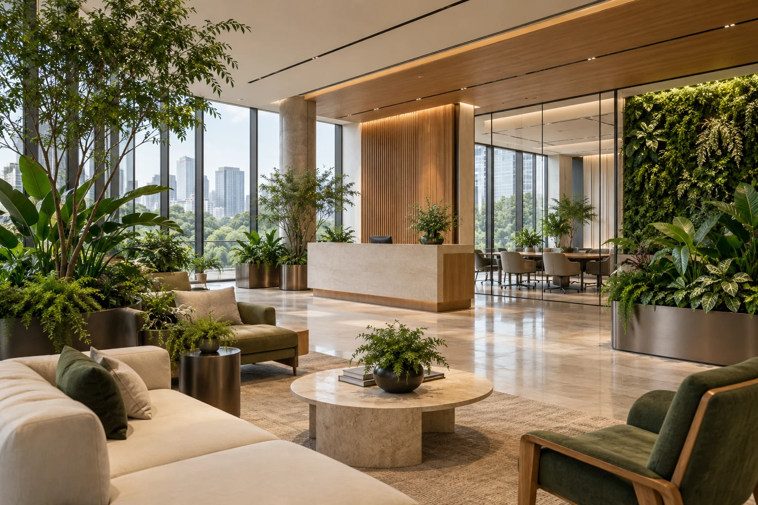 AI生成的办公绿化场景，仅用于方案方向表达